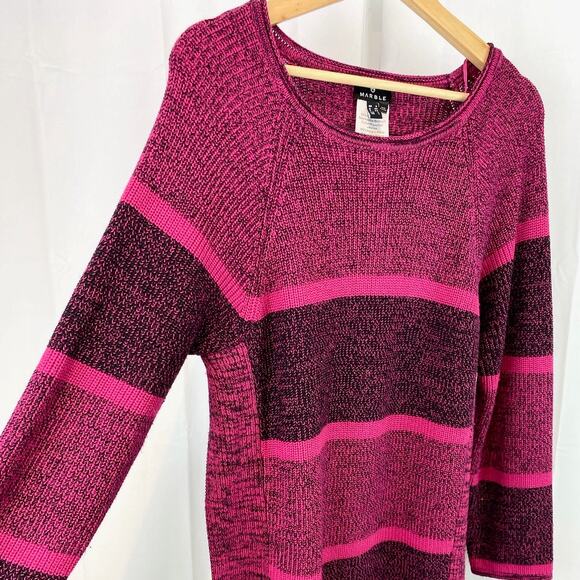 MARBLE Size L Marled Stripe Sweater Side Slit Long Sleeve Pullover Pink Gray - Picture 4 of 6